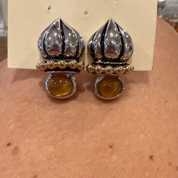 Elegant Silver and Gold Earrings with Amber Accents - Picture 1 of 2